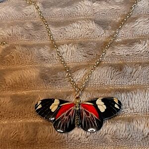 Handmade Butterfly Necklace Enamel Doris Longwing Black Red 20" Long Chain